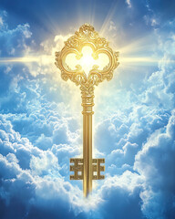 Golden Key in the Door of Heaven Christian Theme, Symbolizing Life's Key Principles and Serenity