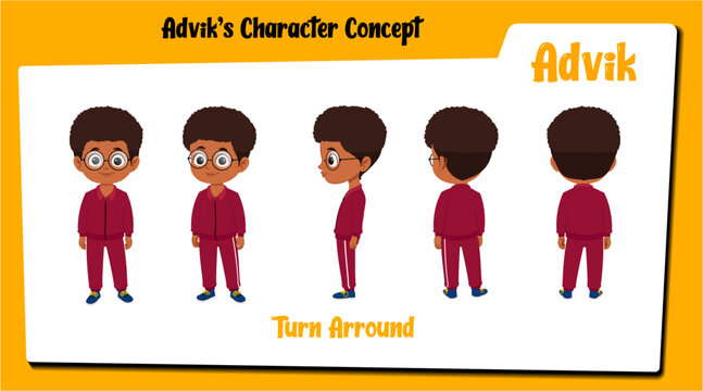 An african boy cartoon character turn around AKA Advik, Black boy cartoon in track suit