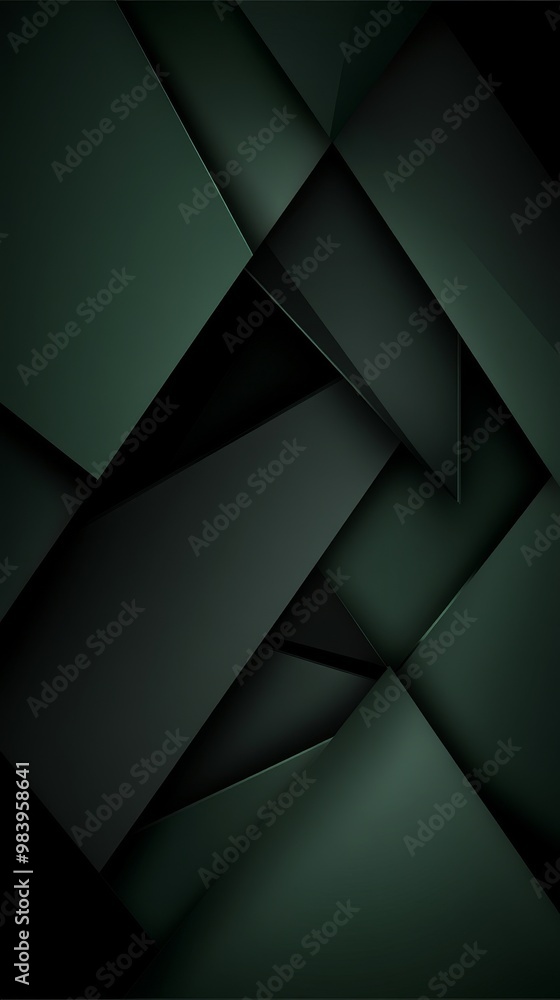 Poster abstract dark green geometric shapes overlapping in a layered design with shadows creating depth and