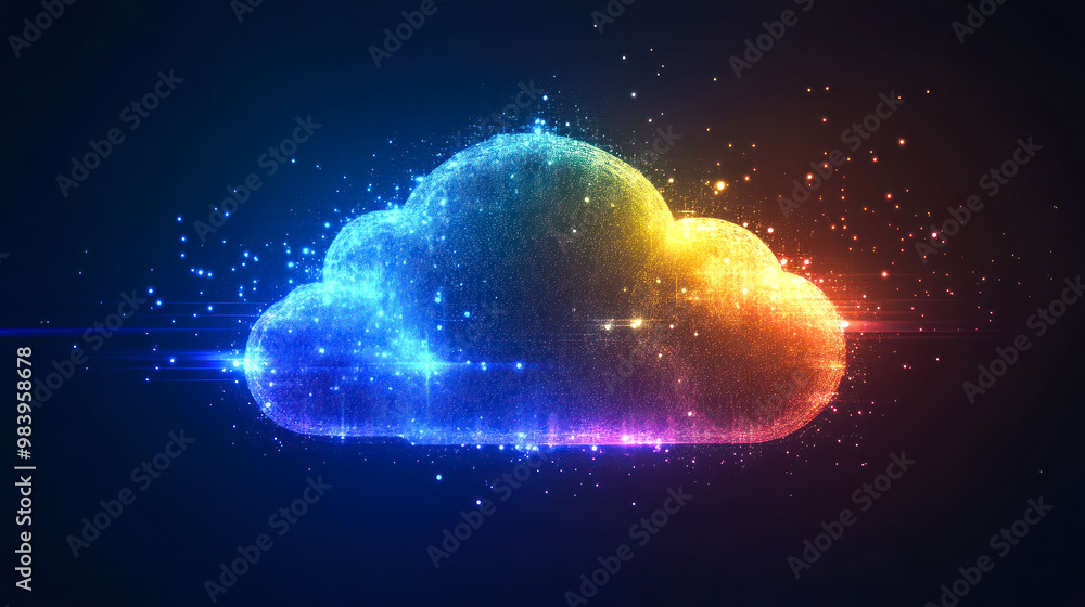 Poster Digital cloud computing technology concept. cloud computing. The data transfer and storage concept consists of a white polygonal interconnected structure within it