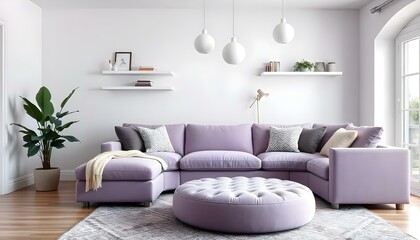 A modern and cozy living room with a large plush lavender sofa, a round lavender ottoman, and hanging white pendant lights. The room has white shelves on the wall displaying decorative items. A potted