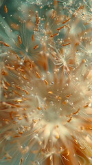 Dandelions glisten with droplets, showcasing mesmerizing macro view of natures beauty. intricate details and sparkling elements create captivating scene