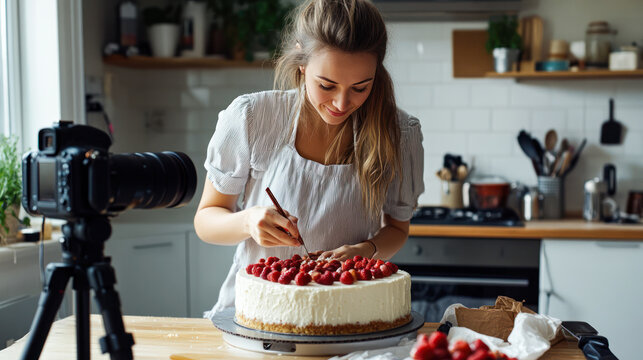 Smiling woman as a food blogger recording vlog on camera live while cooking at home. Female influencer recording video recipe of a cake for her social media. Cooking tutorial, culinary content