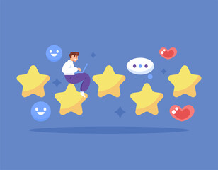Review and rating concept. customer satisfaction, buyer, client. Illustration of a male user giving five stars because he is satisfied and happy. reaction and assessment. Flat style design. elements