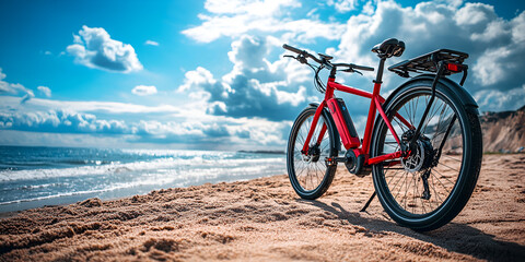 Fototapeta premium Red electric bicycle parked near a charging station on a sunny autumn day. 