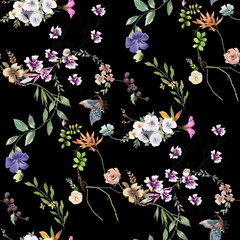 Beautiful seamless pattern  painting wiht flower, botany. print for fabric, textile, packaging , on dark background