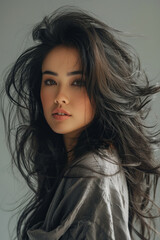 Naklejka premium A captivating portrait of woman with straight, fluffy hair that has lots of volume, exuding confidence and beauty. Her expressive gaze draws you in, showcasing blend of elegance and charm