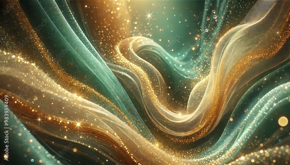 Aufkleber 3d rendering of flowing golden and teal fabric with sparkling particles and light effects