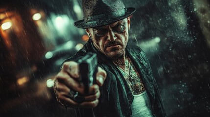  An image of a  gangster tough, street-smart individual involved in criminal activities covered in tattoos and holding a gun. It's raining heavily