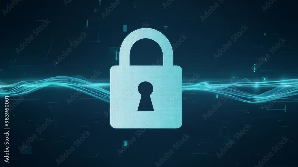 Fototapete A digital lock symbol with a keyhole is displayed against a dark background, emphasizing themes of cybersecurity and digital safety through sleek blue lines and modern design elements.