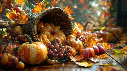 Bountiful Cornucopia Centerpiece Filled with Thanksgiving Feast - 3D Harvest Illustration, Generative Ai