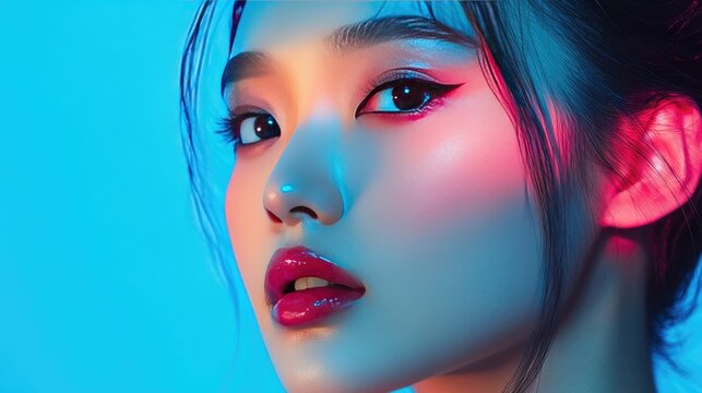 Close-up portrait of a woman with vibrant blue and pink lighting on her face.