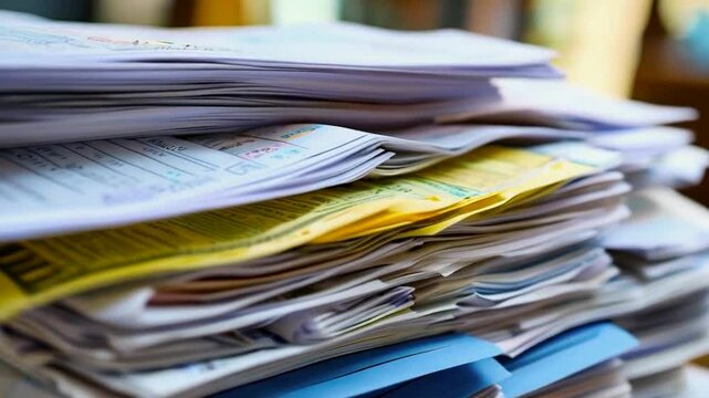 A stack of assorted documents and papers organized in various colors and sizes.