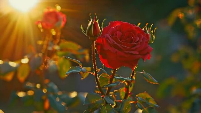 A vibrant red rose in sunlight, showcasing its petals and buds amidst green foliage.