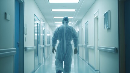 Male Doctor in Protective Overalls Walking Down Hospital Corridor: Healthcare and Medicine Concept, Copy Space