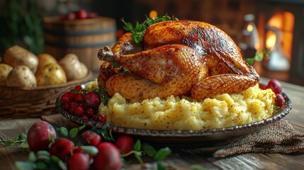 Festive Thanksgiving Feast with Turkey, Mashed Potatoes, and Harvest Vegetables - 3D Illustration Perfect for Seasonal Designs, Generative Ai