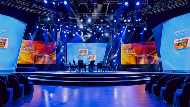 A modern conference stage with screens, lights, and seating for presentations.