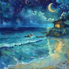 Obraz premium Beautiful Blue Skies with Nature, Moon ,Cloud ,Beach scenery, Tree, night -Anime concept Background