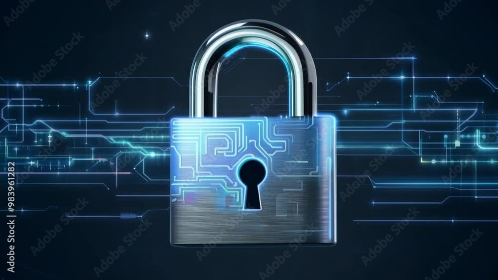 Poster A digital padlock is prominently displayed against a backdrop of blue circuit patterns, representing the importance of cybersecurity and data protection in modern technology.