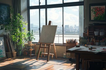 Fototapeta premium A Tranquil Workspace With A Cluttered Desk, Sketchpads, And A Soft, Warm Lamp Light Creating A Serene And Inviting Atmos, Generative AI