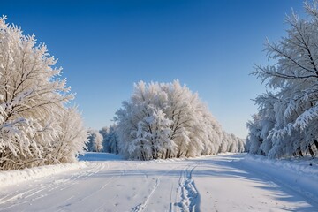 Obraz premium A serene winter landscape with snow-covered trees and a clear sky, perfect for nature, travel, or winter-themed designs.