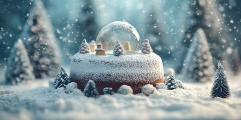 Christmas cake decorated as a snow globe with a miniature sugar paste village and Christmas figurines, surrounded by christmas trees and bokeh lights
