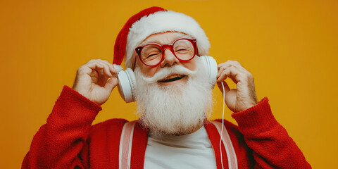 Santa claus rocks out to christmas music, wearing headphones and sunglasses on a yellow background, exuding holiday joy and celebration