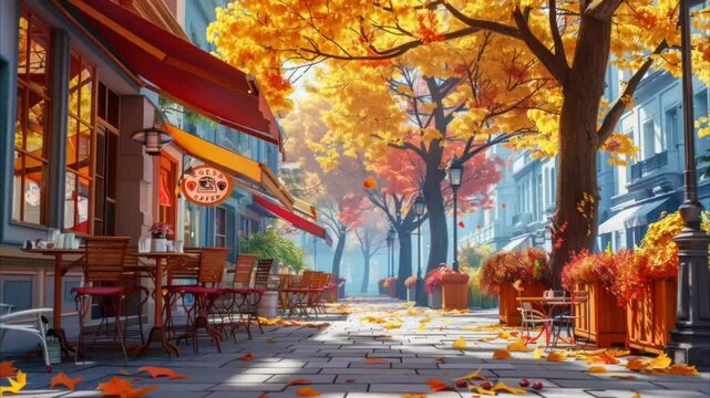 Beautiful autumn street cafe scene with colorful falling leaves and outdoor seating. Seamless looping 4k time-lapse video background
