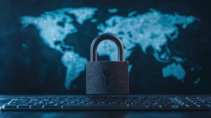 Padlock placed on a keyboard in front of a world map representing global cybersecurity and data protection concepts