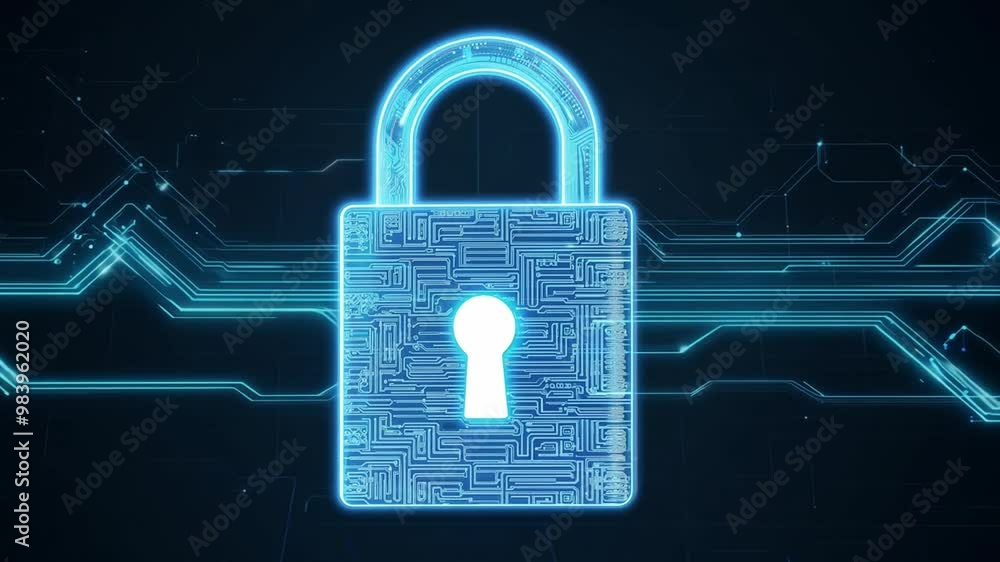 Poster A metallic padlock designed with intricate circuit patterns stands firmly against a deep blue background, highlighting the importance of security in the digital age.