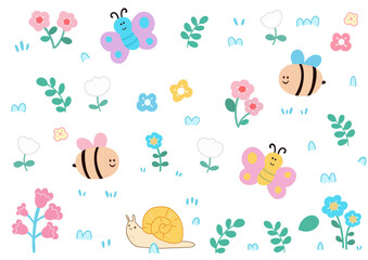 set of flowers and butterflies, flowers with bee, butterfly, and snail – nature-inspired illustration for kids and educational materials