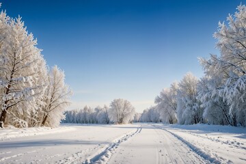 Obraz premium A serene winter landscape with snow-covered trees and a clear sky, perfect for nature, travel, or winter-themed designs.