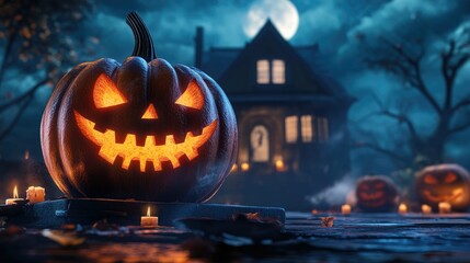 Obraz premium Halloween pumpkin with candlelight in front of a haunted house background,