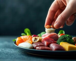 A hand selecting a small, balanced portion from a plate full of different food options, symbolizing the key to portion control in weight loss