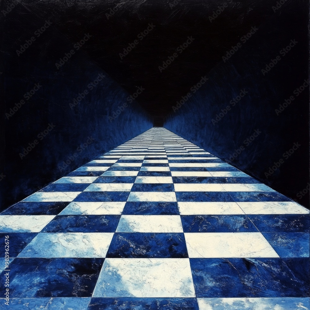 Poster a surreal pathway extends into a dark void. the checkered floor creates a sense of depth and mystery