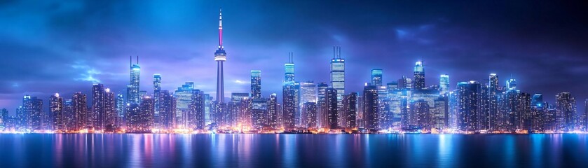 Obraz premium Stunning skyline view of a modern city at night, illuminated by vibrant lights reflecting on the water.