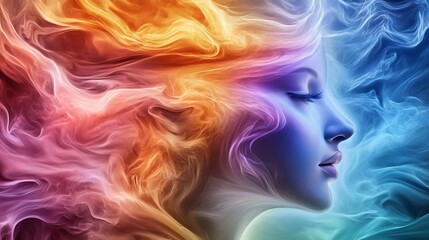 Obraz premium This vibrant artwork depicts a woman's profile surrounded by colorful swirls of smoke, reflecting emotions and creativity.