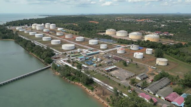 Aerial view of Pertamina Tanjung Uban oil refinery storage depot tanks