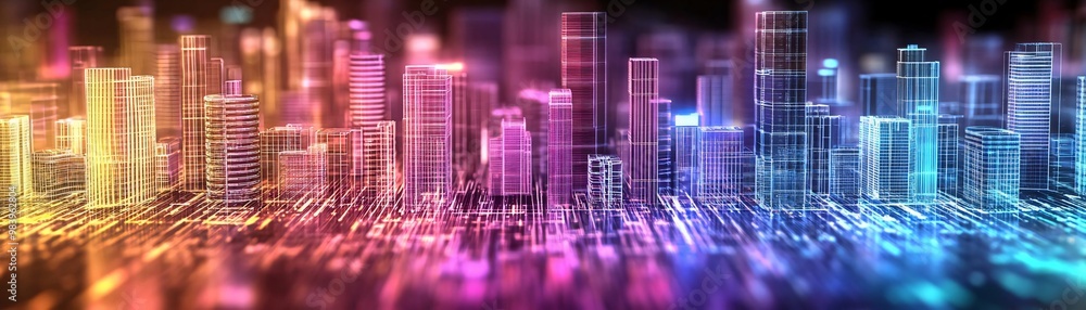 Poster vibrant city skyline illuminated by colorful lights, showcasing modern architecture and futuristic e