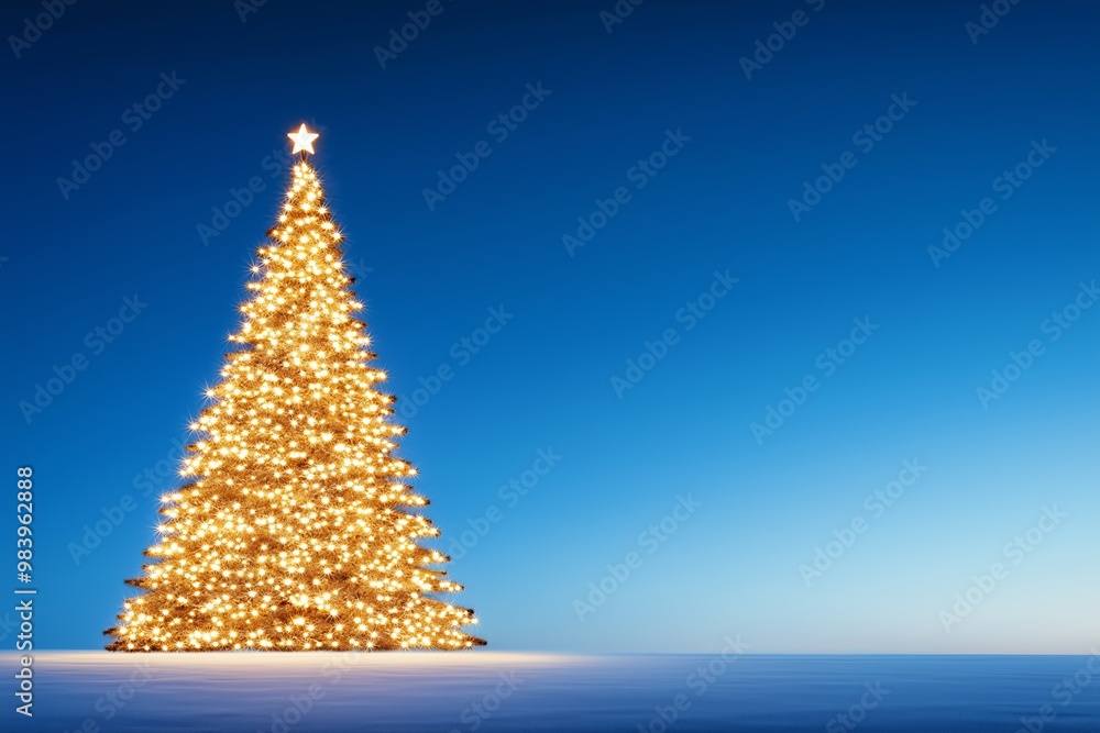 Aufkleber a large christmas tree with a star on top stands in a snow-covered field. the tree is lit up with li