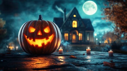 Obraz premium Halloween pumpkin with candlelight in front of a haunted house background,