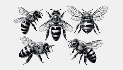 Vector  bee illustration set in old Engraving drawing style