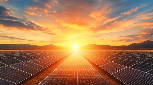 A breathtaking sunset over solar panels, showcasing renewable energy and nature's beauty in harmony.
