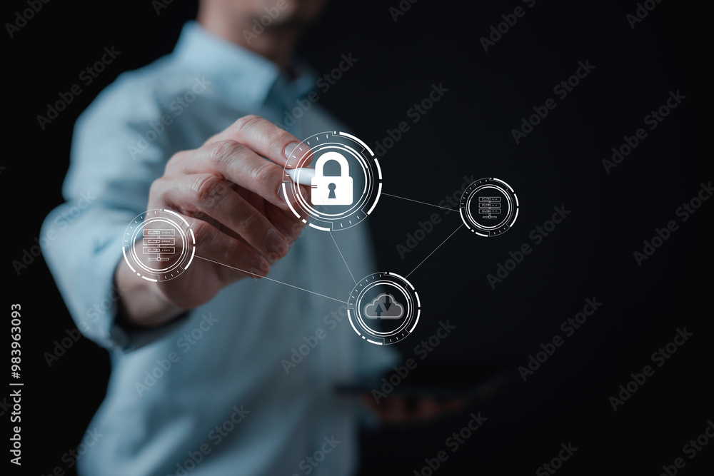 Poster key unlock business man holding and managed his cybersecurity and privacy to protect data by key ico