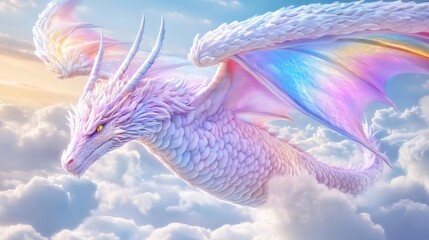 Fototapeta premium A majestic white dragon with rainbow wings soaring through fluffy clouds, embodying fantasy and wonder in a vibrant sky.