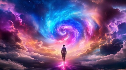 Fototapeta premium A mesmerizing cosmic scene with a figure standing amidst vibrant swirling colors, representing exploration and self-discovery.