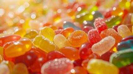 Colorful gummy candies spread out, shining under soft light, inviting joy and sweetness for candy lovers everywhere.