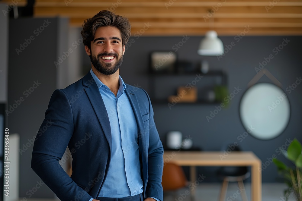 Poster a man in a blue suit is smiling and posing for a picture. the room he is in has a modern design with