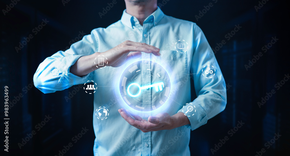 Poster key unlock business man holding and managed his cybersecurity and privacy to protect data by key ico