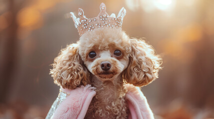 Cute poodle in a tiara and cape posing as a princess in a golden light